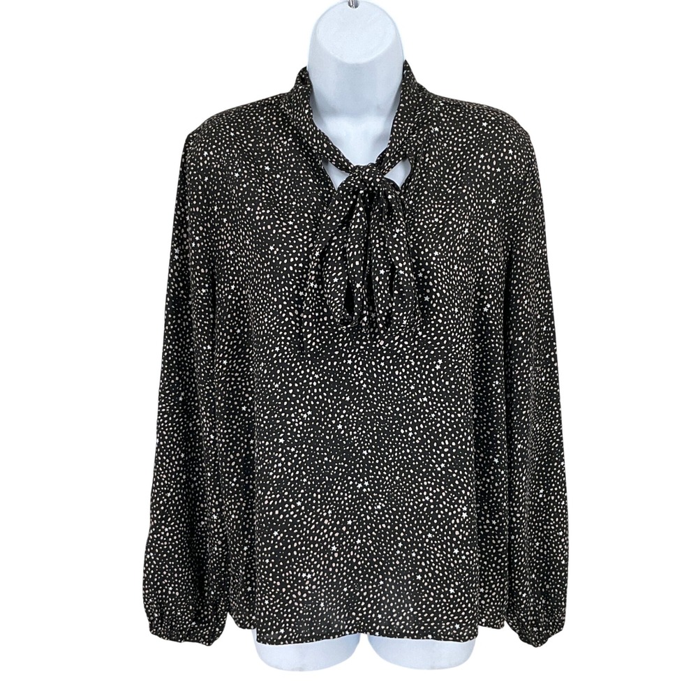 Ann Taylor Top Womens M Black Star Polka Dot Tie Neck Celestial Preppy Office